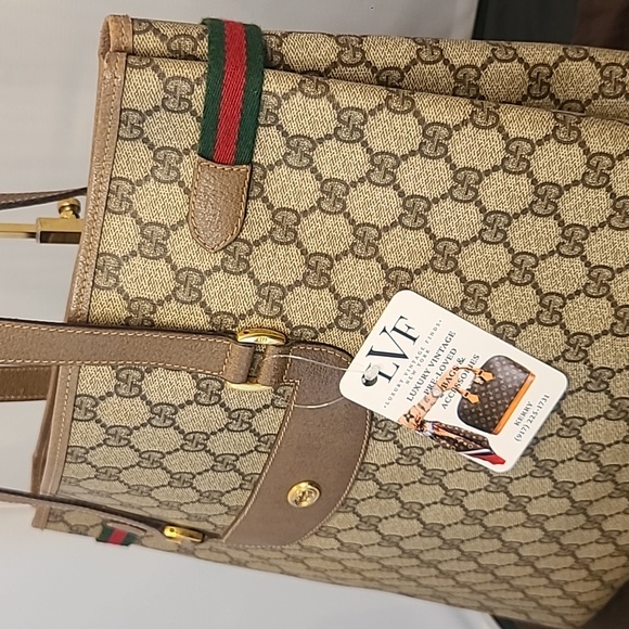 GUCCI ACCESSORIES VINTAGE 70'S WEB SHERRY COATED CANVAS TOTE BAG W SERIAL# - Picture 8 of 17